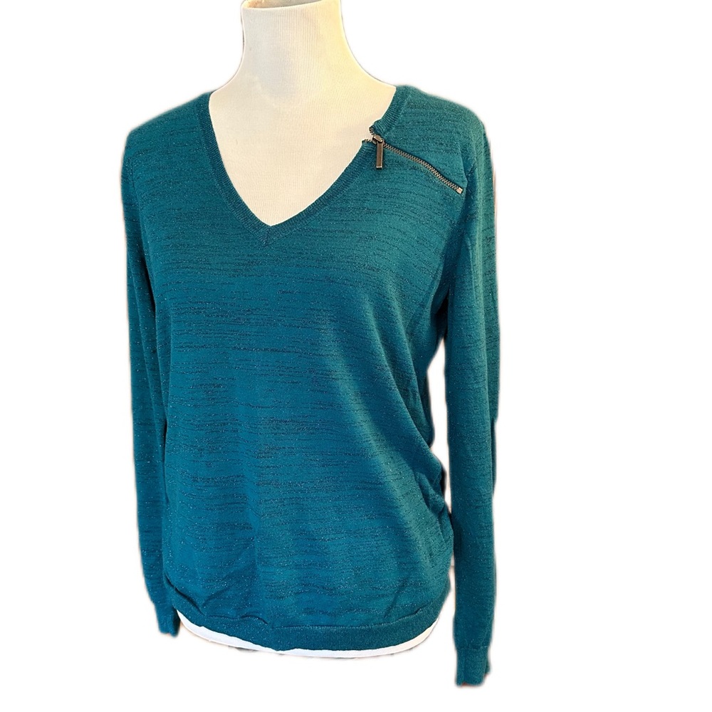 DKNY Teal V-Neck Sweater silver sparkle knit Ruched sides sz large long sleeves